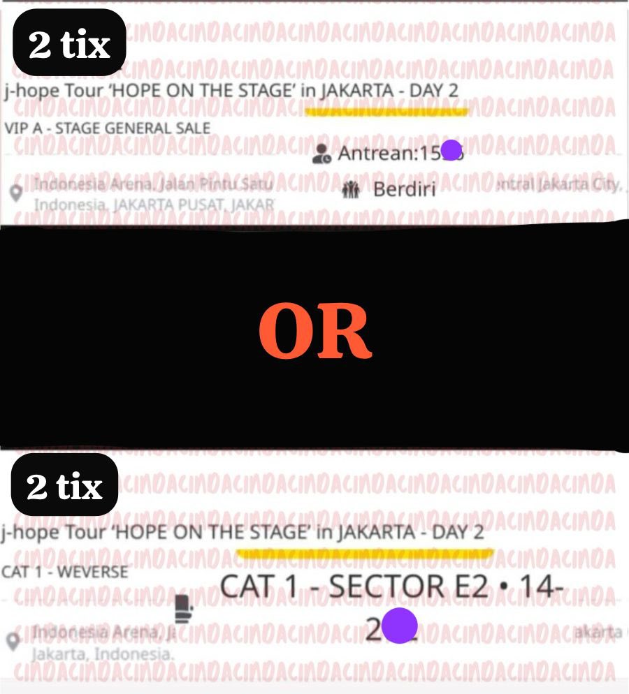 cindajjun's tweet photo. WTS “Hope on The Stage” J-Hope
Indonesia Arena,Jakarta
Minggu , 4 Mei 2025 (Day 2)

2 tix VIP A (general sales)

or 

2 tix Cat 1 (membership)

#Jhope  #JhopeJakarta #JhopeConcert #jhope_TOUR 
#KonserJhope #WTS 
#HOPE_ON_THE_STAGE_TOUR_Jakarta #hots #tiketjhopejakarta https://t.co/JyAlaqV7SU