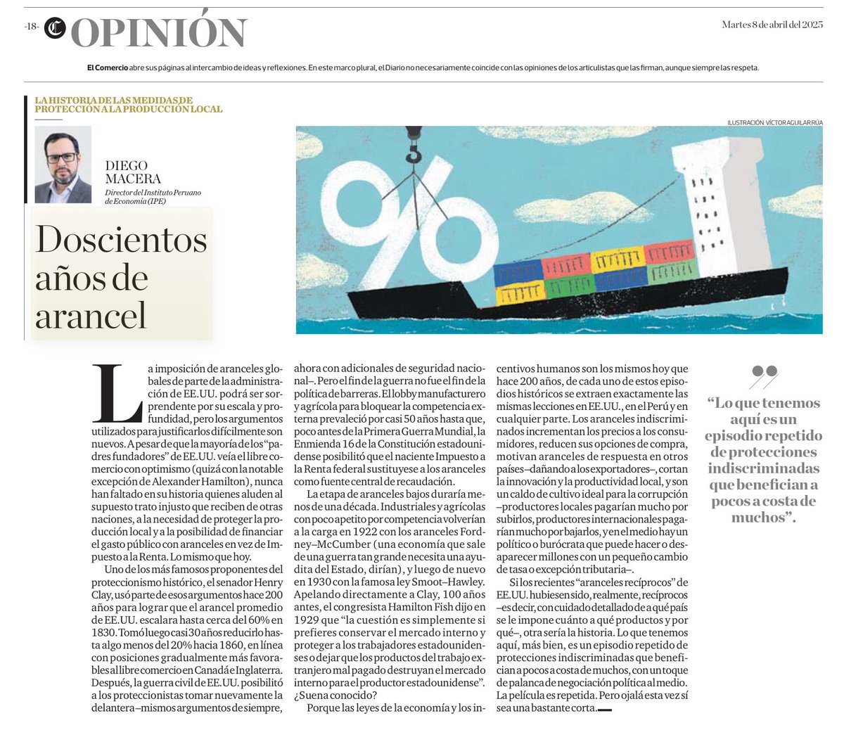 Diego Macera (@dmacera) on Twitter photo El libre comercio fue parte de la fundación de EEUU. Pero también desde hace 200 años hay quienes quieren cerrar fronteras como sea. Las escalas hoy son diferentes; los argumentos son iguales. Aquí un breve recuento histórico.
Nada nuevo bajo el sol.
Columna hoy <a href="/elcomercio_peru/">El Comercio</a> El libre comercio fue parte de la fundación de EEUU. Pero también desde hace 200 años hay quienes quieren cerrar fronteras como sea. Las escalas hoy son diferentes; los argumentos son iguales. Aquí un breve recuento histórico.
Nada nuevo bajo el sol.
Columna hoy <a href="/elcomercio_peru/">El Comercio</a>