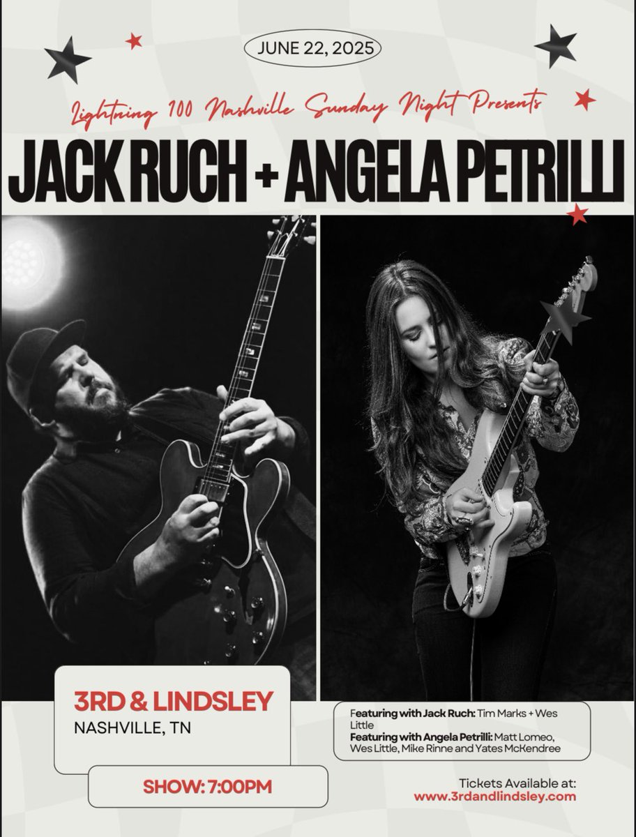 NASHVILLE — See you June 22nd <a href="/3rdandLindsley/">3rd and Lindsley</a> Get tickets here: 3rdandlindsley.com/tm-event/jack-… #jackruch #angelapetrilli #stratocaster #es335