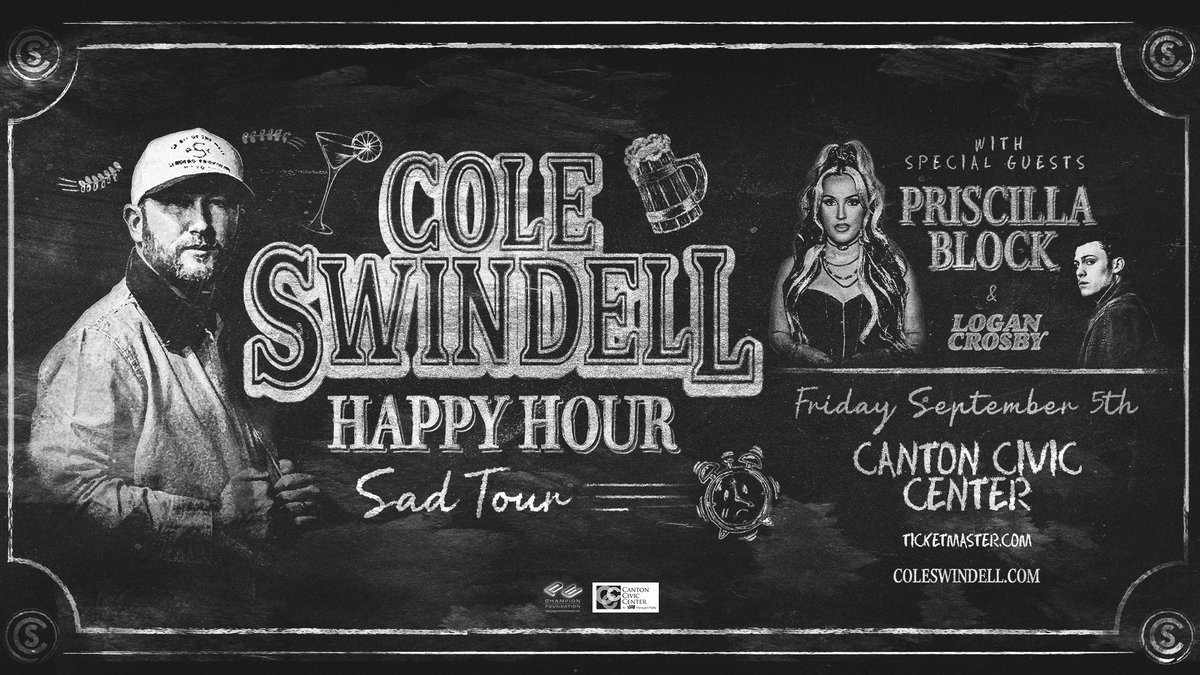 Just Announced! #PepperPresents Cole Swindell – Happy Hour Sad Tour with special guests Priscilla Block &amp; Logan Crosby
📌 Canton Civic Center | 📅 5, September 25
Register for presale access here: /app.hive.co/l/3xaxzg
Presale: Thu, 4/10 @ 10am | Public On sale: Fri, 4/11 @ 10am