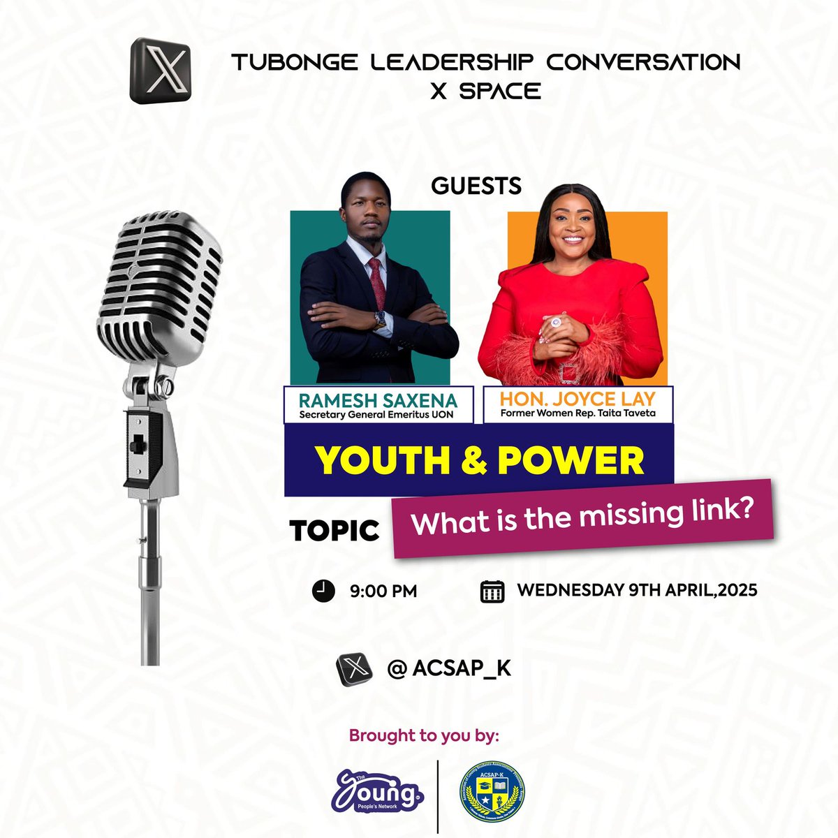 Join us on X platform tomorrow night, as we hold this Youth &amp; power Conversation.
What's the missing link?
#YouthConversationCenter
#YouthAgenda
#KingdomAssignment