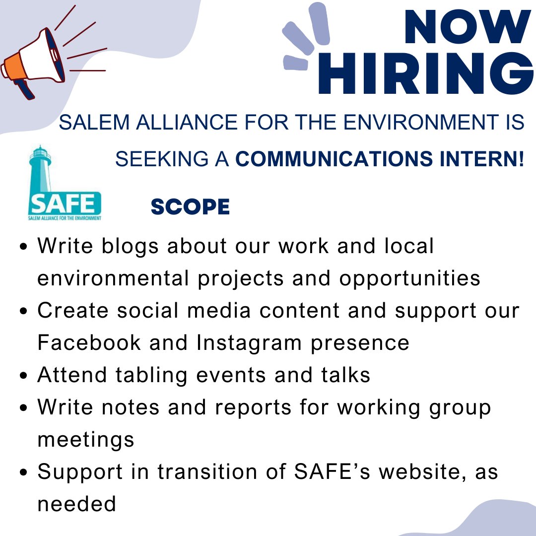 SSUCareer's tweet photo. Salem Alliance for the Environment (SAFE) is seeking a Communications Intern to work May 19-Aug 29! Remote position with weekly in-person check-in, reporting to the Executive Director! #HireAViking https://t.co/jBudllzDV2