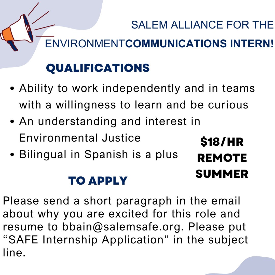 SSUCareer's tweet photo. Salem Alliance for the Environment (SAFE) is seeking a Communications Intern to work May 19-Aug 29! Remote position with weekly in-person check-in, reporting to the Executive Director! #HireAViking https://t.co/jBudllzDV2