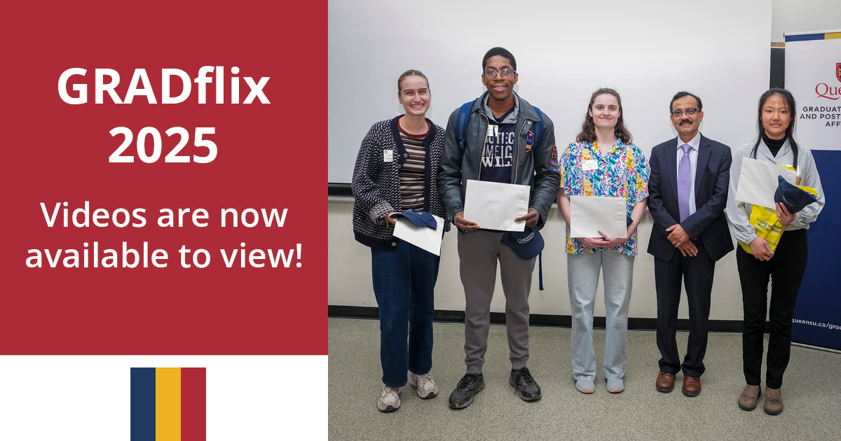 queensgradstudy's tweet photo. GRADflix Videos are now available for viewing! These videos are short, 1-minute ‘research trailers’ that showcase a student’s area of research.

Check them out on the SGSPA website here: https://t.co/R3fyl7mn4S https://t.co/9RFcknc4Pq
