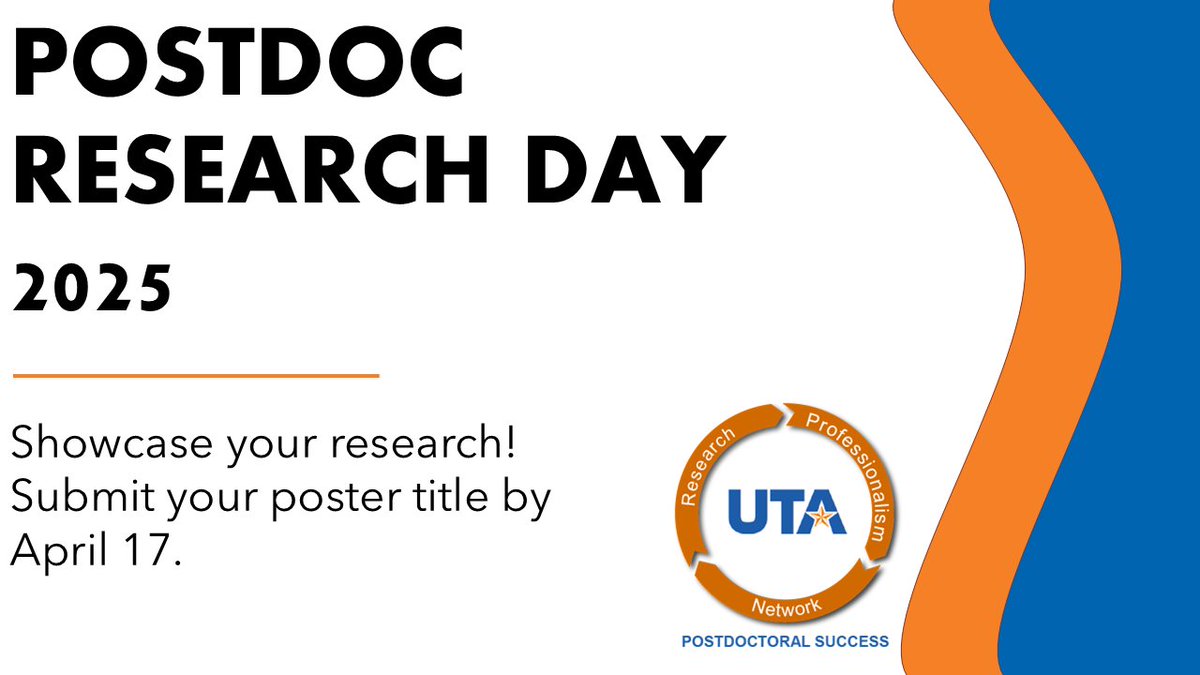 UTAPostdocs's tweet image. 🌟 Showcase your Research at UTA's Inaugural Postdoc Research Day! 🌟 
Submit your poster title by April 17: lnkd.in/gfkbckZM
📍 Location: SEIR 2nd Floor
 🗓 Date & Time: April 30, 3-5 PM
🥗 ☕ Refreshments will be served.