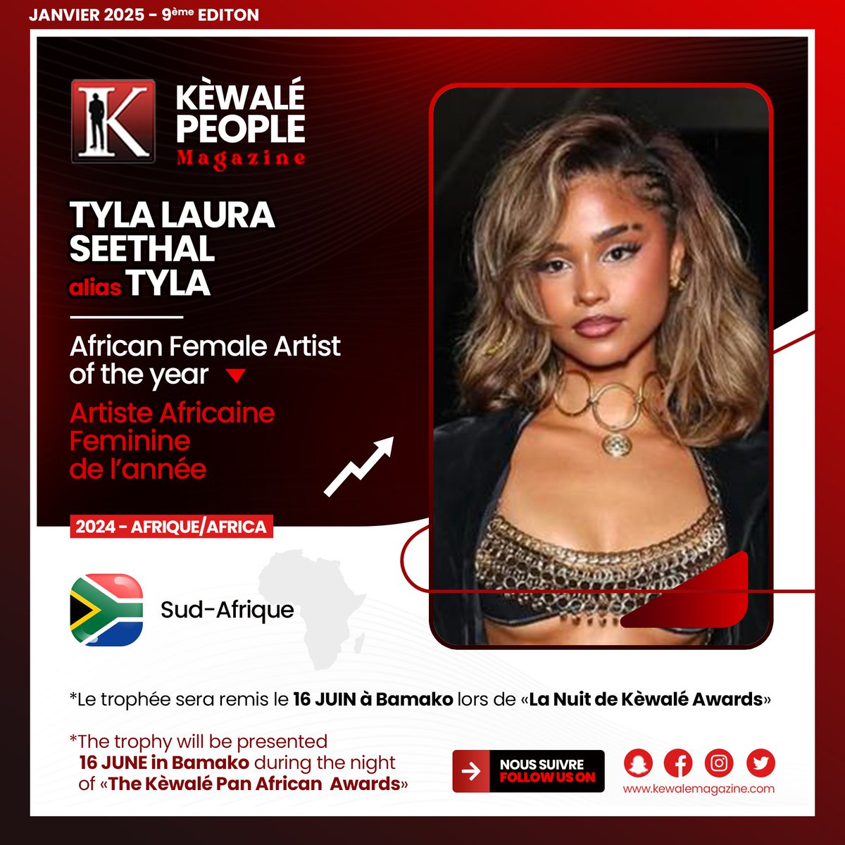 <a href="/tylasgirl/">🪩</a>
La 9ᵉ édition des Kéwalé Pan African Awards, organisée par Kéwalé People Magazine, a honoré la chanteuse sud-africaine Tyla Laura Seethal, connue sous le nom de scène Tyla, en lui décernant le titre de “Artiste Féminine Africaine de l’Année”. Cette distinction,