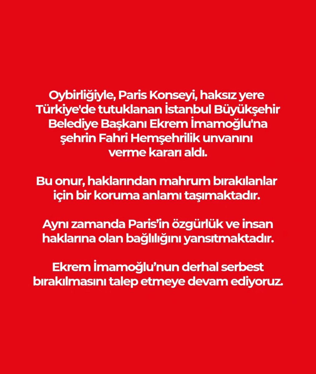 fransizgastesi's tweet photo. Paris Belediyesi, bugün aldığı konsey kararı ile Ekrem İmamoğlu’na fahri vatandaş ünvanı verdi. https://t.co/oq1grA5ScN