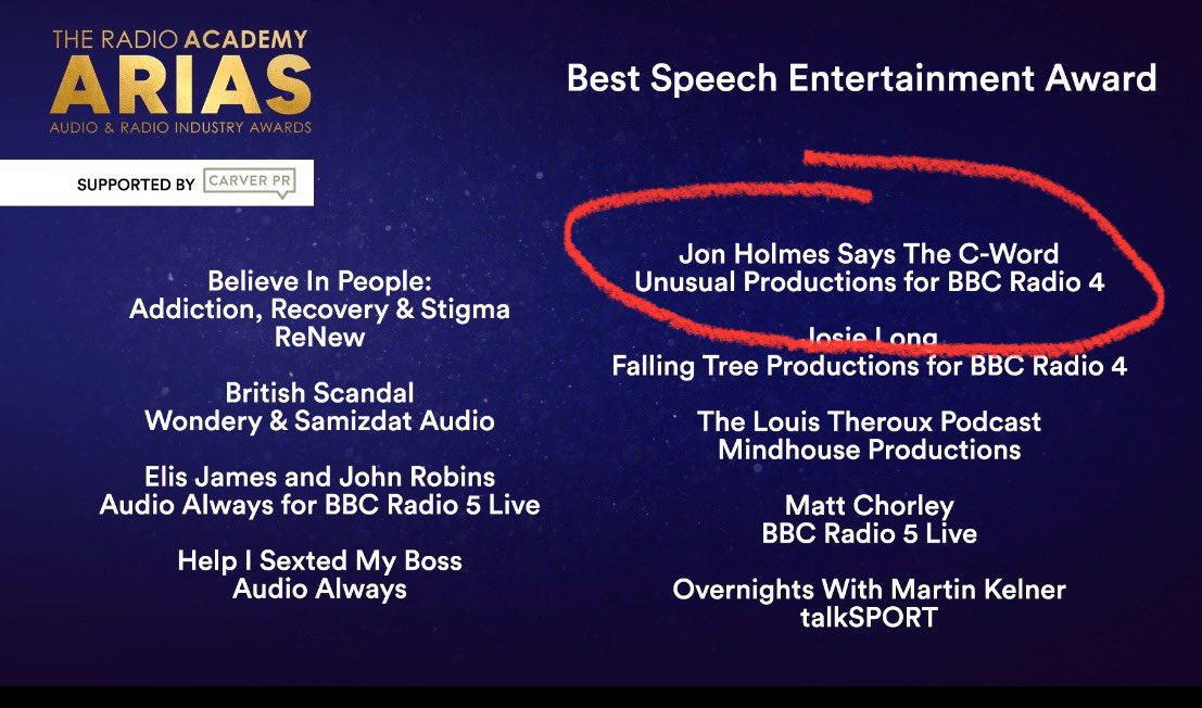 Jon Holmes (@jonholmes1) on Twitter photo Thrilled with TWO nominations at #ukArias 2025 this evening! Congrats to team #TheSkewer (returns @bbcradio4 next week!) and team #JonHolmesSaysTheCWord! <a href="/weareunusual_/">weareunusual</a> Thrilled with TWO nominations at #ukArias 2025 this evening! Congrats to team #TheSkewer (returns @bbcradio4 next week!) and team #JonHolmesSaysTheCWord! <a href="/weareunusual_/">weareunusual</a>