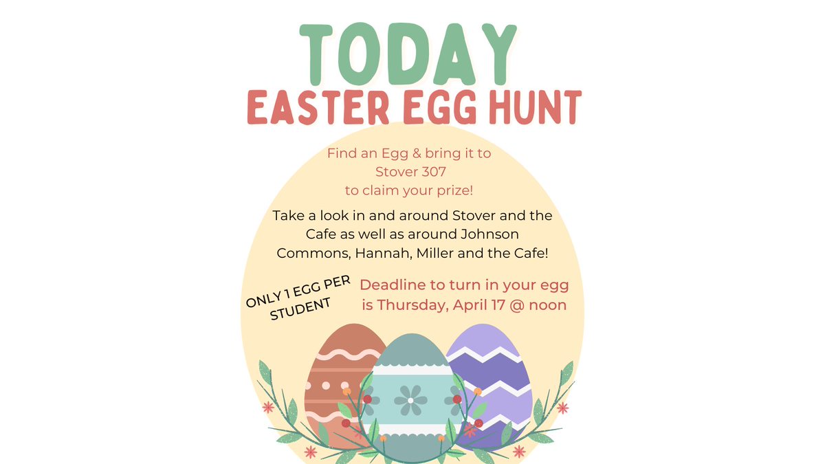 WU_SAB's tweet photo. Be on the look out for hidden Easter Eggs today! Find an egg and bring it up to Stover 307 to claim your prize. Only 1 egg per student. https://t.co/ptPCEso9MR