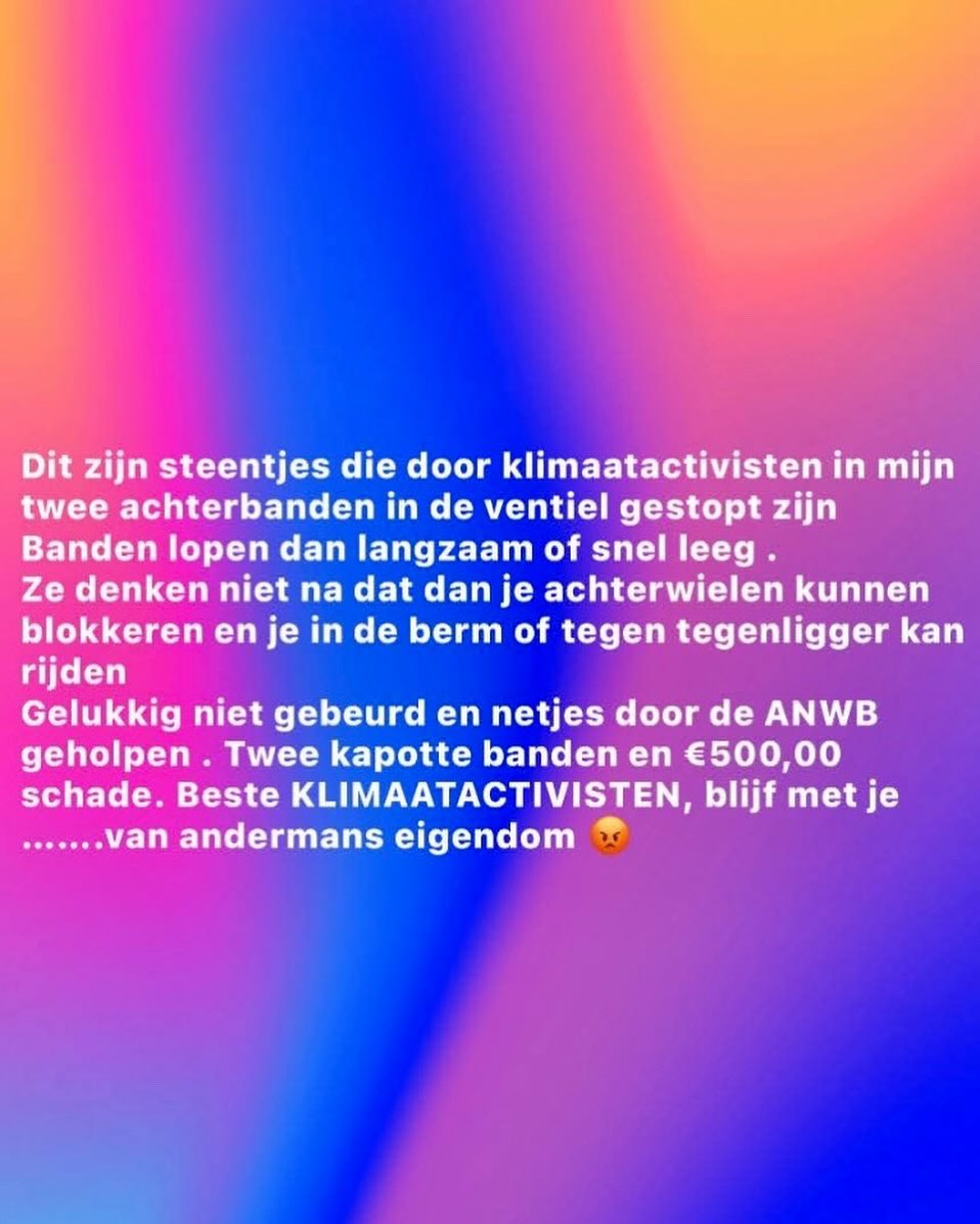 Levensgevaarlijke actie:
Als je actie wilt voeren als je het ergens niet mee eens bent,  geen probleem, maar val ons er niet mee lastig, en zeker geen mensenlevens in gevaar brengen!
#ANWB #klimaatactivisten #levensgevaarlijk #blijfmetjepotenafvanandermansspullen #klootzakken