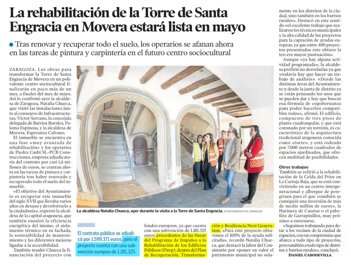 aragonpsoe's tweet photo. 📌 #Zaragoza
👉 Rehabilitación de la Torre de Santa Engracia en #Movera
💰 Presupuesto del proyecto: 1,6 millones
🇪🇺 Aportado por la UE: 1,2 millones
Paga Europa el 75% del proyecto
Natalia Chueca, el 25%... 🤔🤔 https://t.co/Ope4hjDDpj