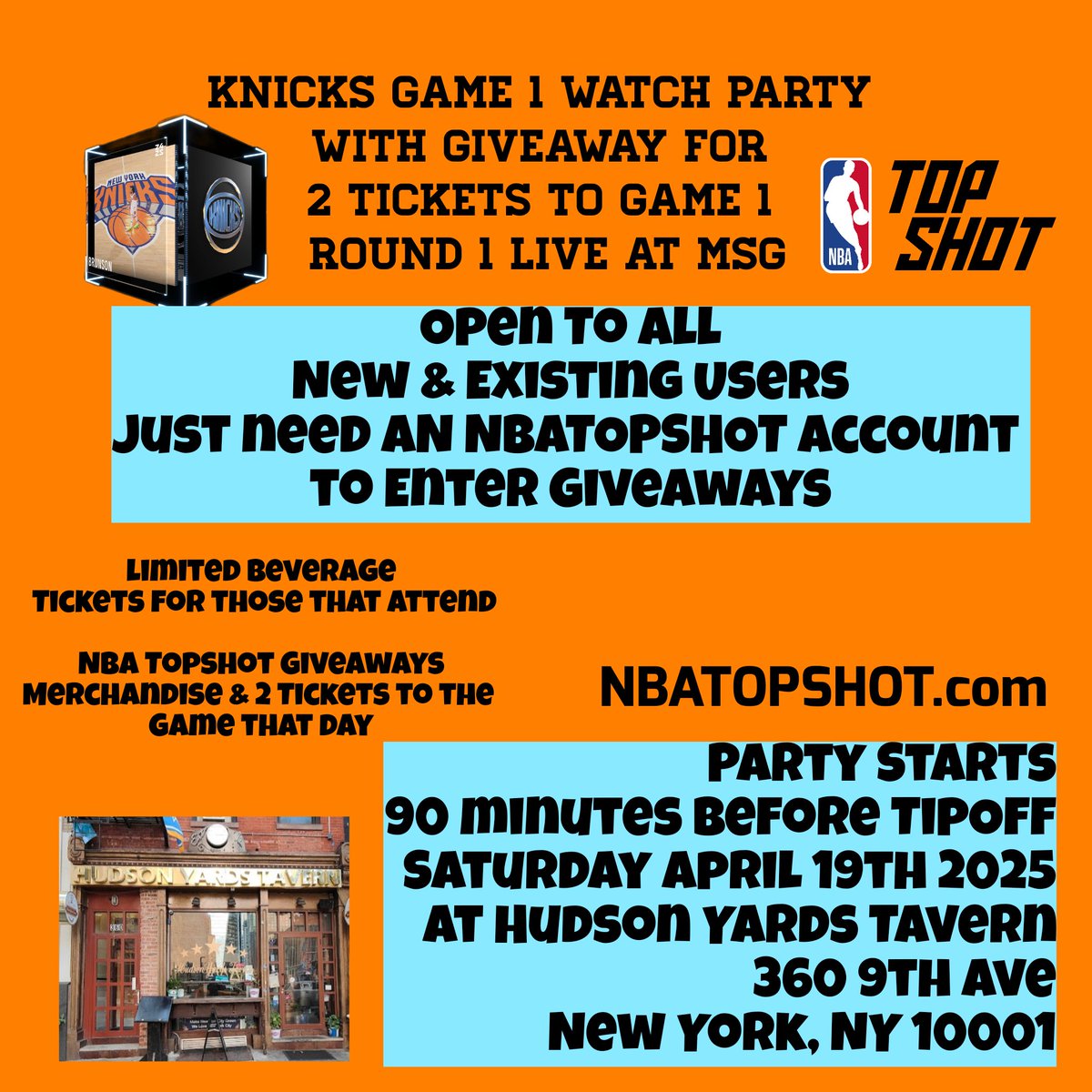Paulie Campione (@pauliewizwit) on Twitter photo NYC Playoff Watch Party
<a href="/nyknicks/">NEW YORK KNICKS</a> Game 1 On 4/19 Sat
Starts
90 Minutes before Tip Off
Hudson Yards Tavern
Win 2 Tickets to Game 1 <a href="/TheGarden/">MSG</a> to see the Knicks play that day!
<a href="/NBATopShot/">NBA Top Shot</a> collectibles & Merch Giveaways
Please fill out if you are coming
forms.gle/hzq3ueRTpUxdsa… NYC Playoff Watch Party
<a href="/nyknicks/">NEW YORK KNICKS</a> Game 1 On 4/19 Sat
Starts
90 Minutes before Tip Off
Hudson Yards Tavern
Win 2 Tickets to Game 1 <a href="/TheGarden/">MSG</a> to see the Knicks play that day!
<a href="/NBATopShot/">NBA Top Shot</a> collectibles & Merch Giveaways
Please fill out if you are coming
forms.gle/hzq3ueRTpUxdsa…