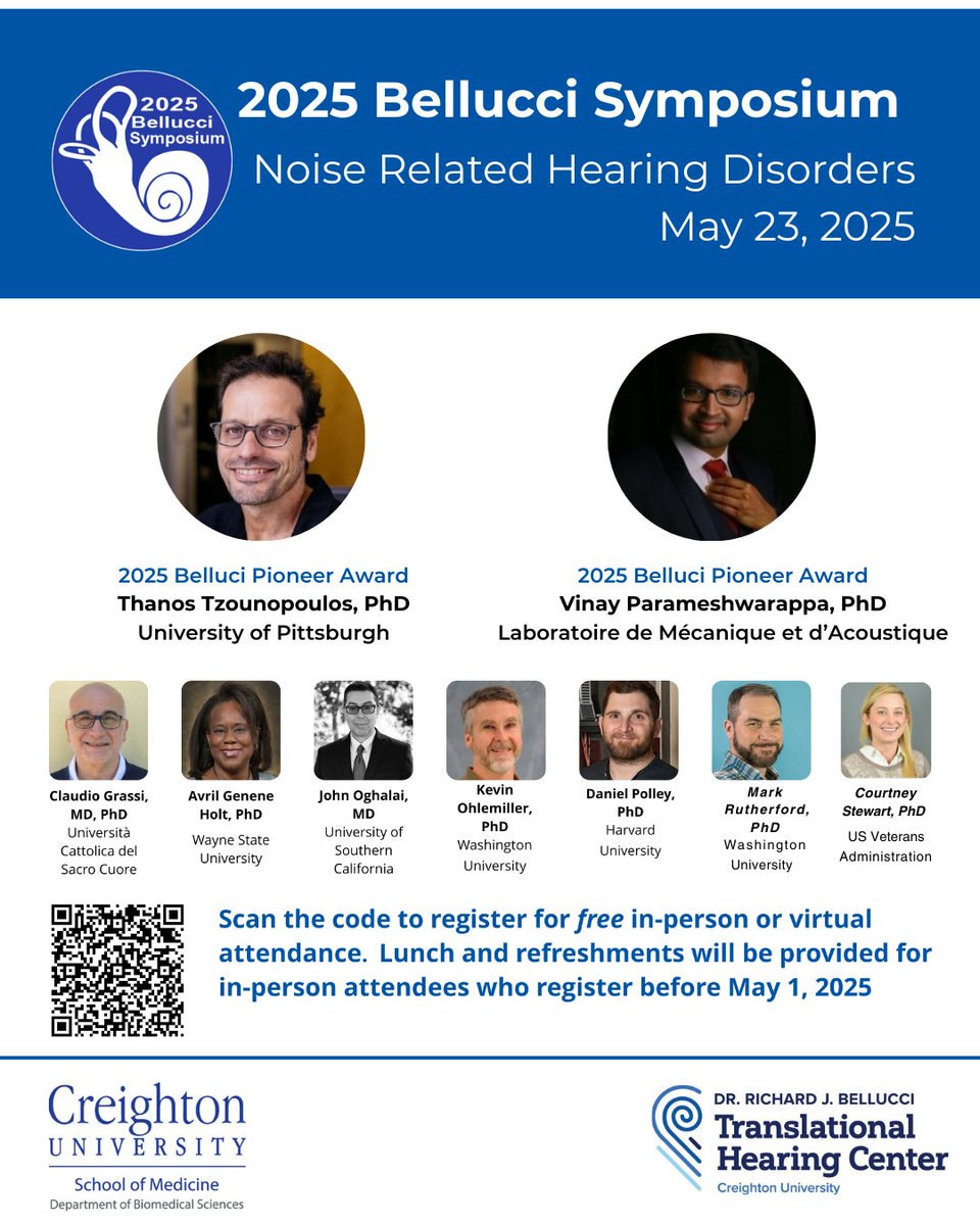 American Tinnitus Association (@tinnitus_usa) on Twitter photo 2025 Bellucci Symposium on Hearing Research!
The Bellucci Symposium on Hearing Research is taking place on May 23, 2025, <a href="/Creighton/">Creighton University</a> University. Leading experts will gather to discuss advancements in hearing science, and you are encouraged to join! The hybrid symposium will 2025 Bellucci Symposium on Hearing Research!
The Bellucci Symposium on Hearing Research is taking place on May 23, 2025, <a href="/Creighton/">Creighton University</a> University. Leading experts will gather to discuss advancements in hearing science, and you are encouraged to join! The hybrid symposium will