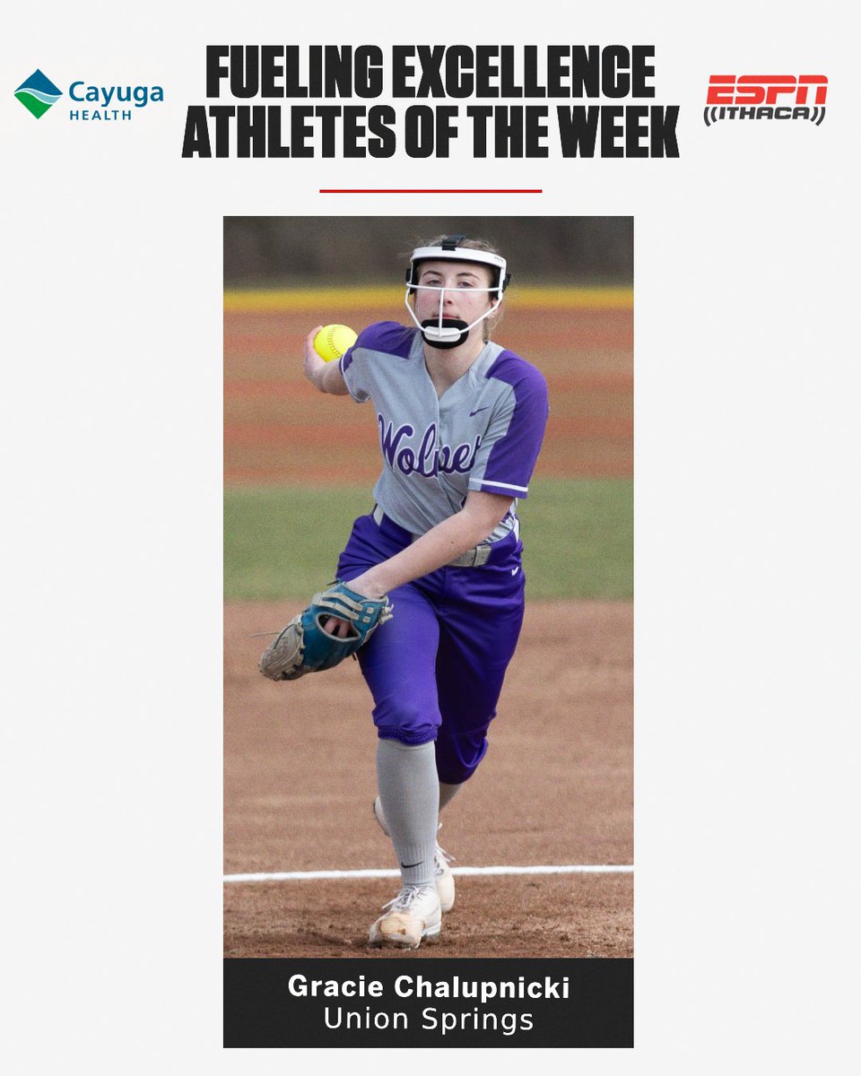 ESPNIthaca's tweet photo. First spring edition of our Fueling Excellence Athletes of the Week!

Union Springs' Gracie Chalupnicki got softball season underway with a no-hitter, while Watkins Glen/Odessa-Montour's Gavin Lohmeyer excelled at the plate and on the mound.

Interviews: https://t.co/UQjlm4grOd https://t.co/FZtrw4IK4J