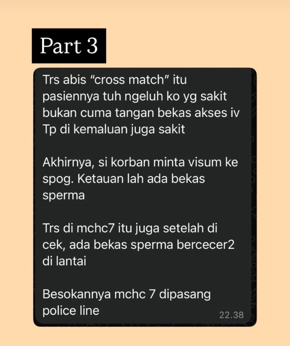 Lagi rame kasus kejahatan seksual serius di salah satu RS Bandung.

&gt; Ada pasien dirawat di ICU lagi persiapan operasi butuh darah.

&gt; Pelaku (diduga residen ppds) nawarin periksa darah ke anak cewe si pasien yg nunggu

&gt; Dibawa ke ruang sepi dan dibius

Serem banget wtf 💀💀💀