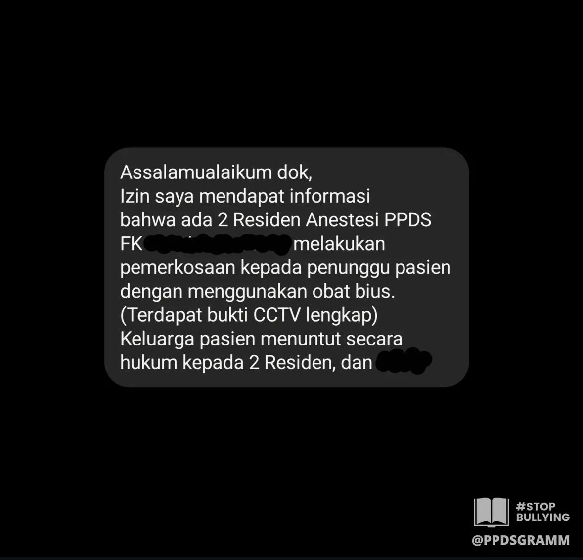 mhuseinali's tweet photo. Lagi rame kasus kejahatan seksual serius di salah satu RS Bandung.

> Ada pasien dirawat di ICU lagi persiapan operasi butuh darah.

> Pelaku (diduga residen ppds) nawarin periksa darah ke anak cewe si pasien yg nunggu

> Dibawa ke ruang sepi dan dibius

Serem banget wtf 💀💀💀 https://t.co/DeqG2K6B21