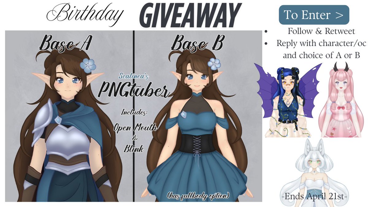 ScalineaDiamond's tweet photo. 🪻 PNGtuber Art Raffle 🪻
Thanks to reaching Birthday event sub goal, 1 winner will be getting a PNGtuber drawn by me!

To Enter:
🦋 Follow + Retweet
🦋 Reply with A or B and your OC

Ends April 21st, Good luck!✨ https://t.co/QtBBfneoZs