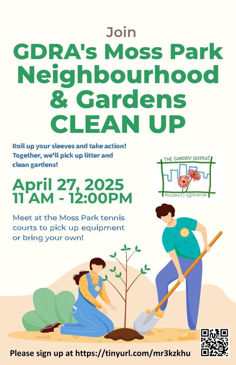 Can you spare an hour to spruce up the neighbourhood and gardens?

Please come out and help on April 27 at 11am. 
Meet at the Moss Park tennis courts to pick up equipment or bring your own.  
Light refreshments to follow!

Sign up at tinyurl.com/mr3kzkhu