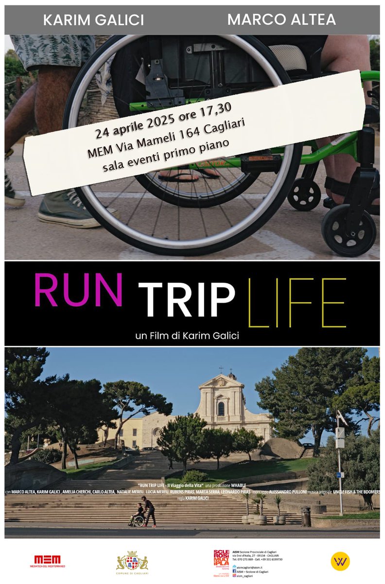 🌟 RUN TRIP LIFE - Viaggio verso un mondo accessibile! 🌍♿
24/04/25, 17:30 @ MEM Cagliari: proiezione del doc di Karim Galici su Marco Altea e Whable. Da Cagliari a San Francisco, un uomo con SM incontra le menti di Google &amp; co. 🚀
Con: Marco Altea, Karim Galici e altri