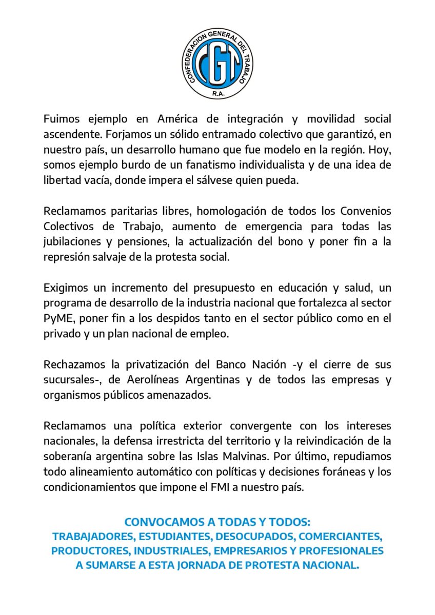 Mañana acompañaremos el justo reclamo de los compañeros jubilados y jubiladas, y el jueves paramos en todo el país.

Desde la <a href="/cgtoficialok/">CGT</a> nos planteamos un país con desarrollo y trabajo.

Comparto el comunicado de la <a href="/cgtoficialok/">CGT</a>