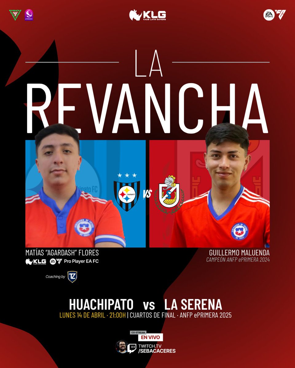 Kaos Latin Gamers (@kaoslatingamers) on Twitter photo Una final anticipada 🔥
<a href="/agardash_/">agardash🇨🇱</a> 🦏, representando a <a href="/Huachipato/">Huachipato FC</a>, se enfrenta a <a href="/GuilleM_14_/">Guillermo Maluenda</a> por los cuartos de final de la #ePrimera 2025, reviviendo la final del año pasado.
El ganador clasificará a las semifinales que se jugarán de manera presencial en Santiago 🇨🇱
📅 Una final anticipada 🔥
<a href="/agardash_/">agardash🇨🇱</a> 🦏, representando a <a href="/Huachipato/">Huachipato FC</a>, se enfrenta a <a href="/GuilleM_14_/">Guillermo Maluenda</a> por los cuartos de final de la #ePrimera 2025, reviviendo la final del año pasado.
El ganador clasificará a las semifinales que se jugarán de manera presencial en Santiago 🇨🇱
📅