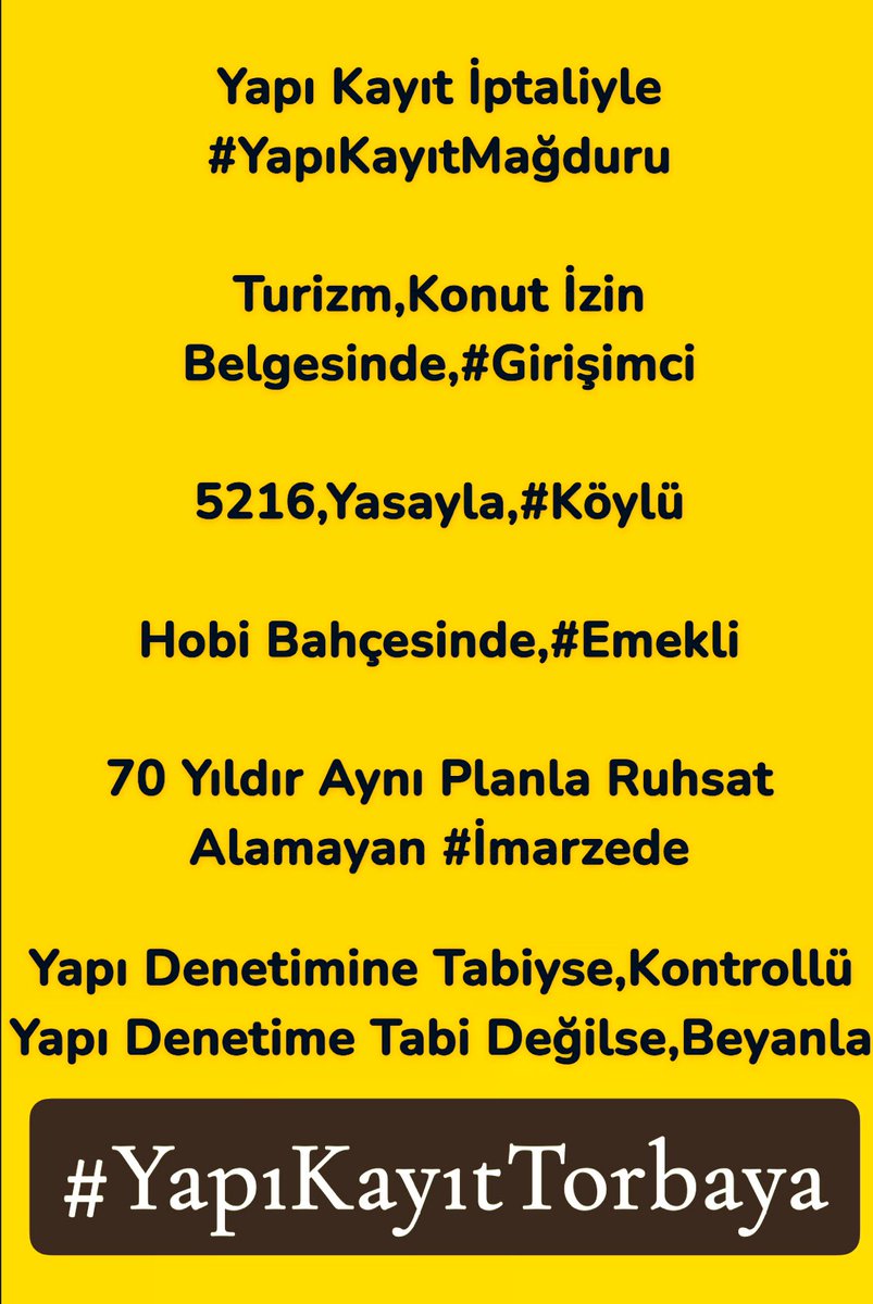 ❇️Ruhsat Alamamış Yapılar,Denetime Tabiyse KONTROL Edilerek,Sağlamsa #YapıKayıt Belgesi verilmesi,Değilse;
#KentselDönüşüm Verilerek,Hak
Mahrumiyeti Giderilmesiyle Beraber;
✅Yapı Denetimine Tabi Olmayanlar,BEYANLA
#deprem’e Güvenli Yapılara📹🏡🏬
#YapıKayıtTorbaya

<a href="/RTErdogan/">Recep Tayyip Erdoğan</a>