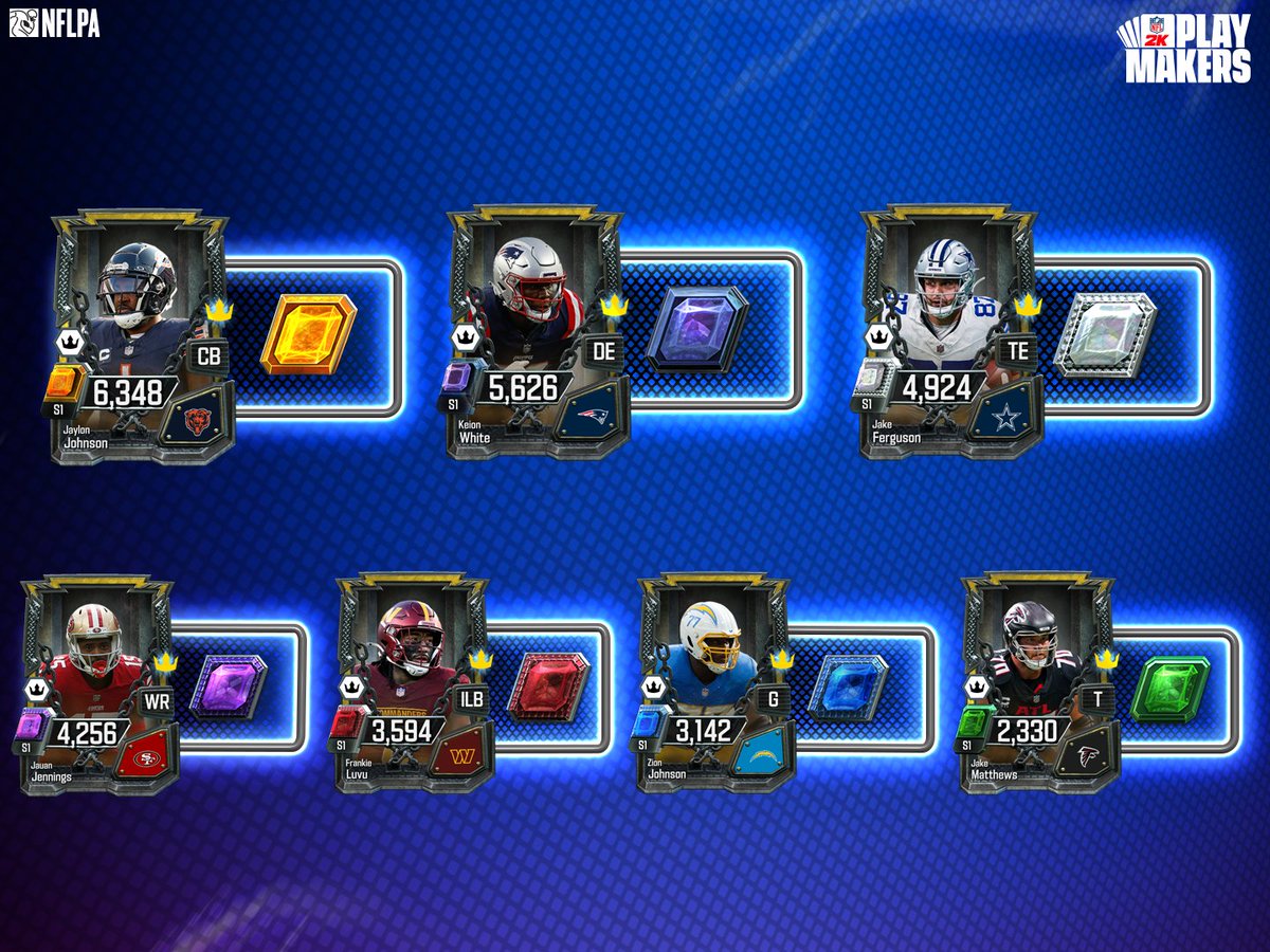⭐️ Seasons Rewards have been updated with the newest Necessary Toughness theme!

Reminder: Rewards are earnable from the first run of Seasons!

🟩 Emerald Season: #JakeMatthews
🟦 Sapphire Season: #ZionJohnson
🟥 Ruby Season: #FrankieLuvu
🟪 Amethyst Season: #JauanJennings
💎