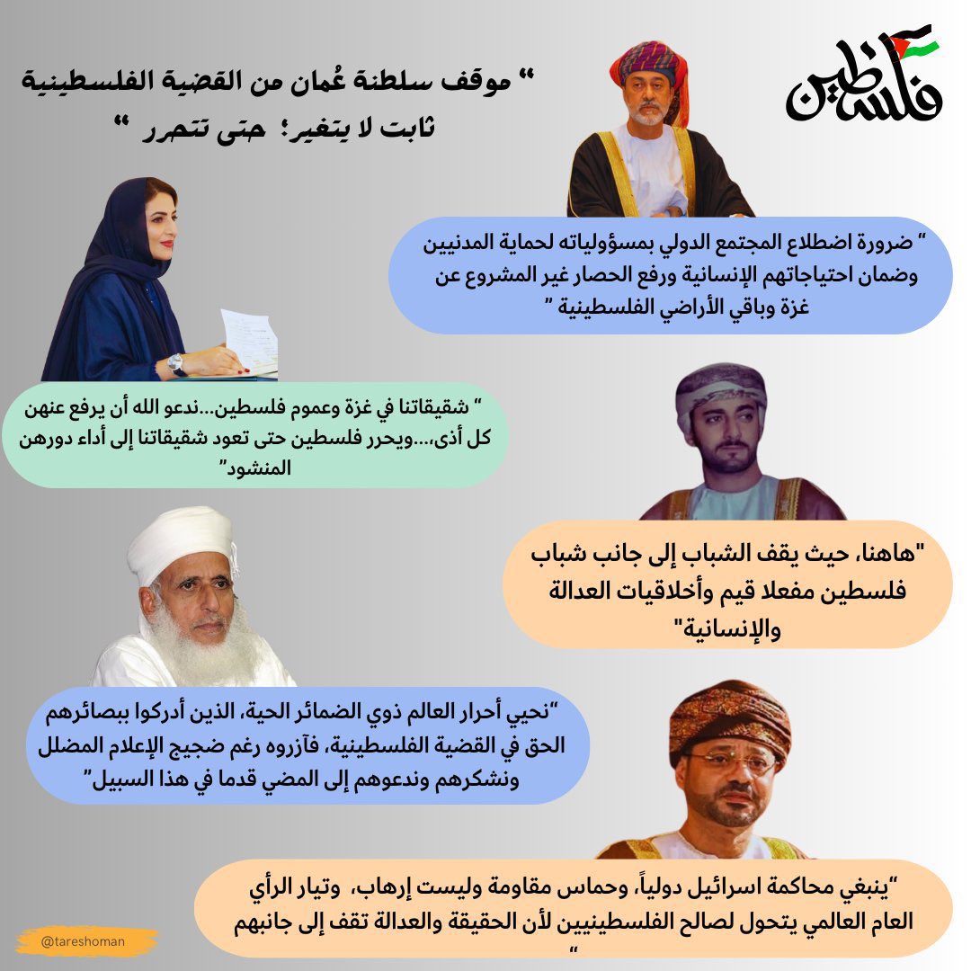 #سلطنة_عُمان: مواقف مشرّفة وصادقة اتجاه القضية الفلسطينية، على الصعيد القيادي والديني والشعبي. 🇴🇲 🇵🇸 

اللهمَّ سلاماً لـ #فلسطين وشعبها الأبيّ ✨