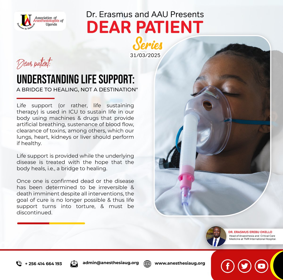Life support in ICU uses machines &amp; drugs to sustain vital functions—breathing, circulation, toxin removal—when organs like the lungs, heart, or kidneys fail.

It’s a bridge to healing, not a cure.
#DearPatientSeries

<a href="/ErasmusMD/">ErasmusMD</a> <a href="/andrew_emyedu/">Andrew Emyedu</a> <a href="/Nabukenya8/">Mary T. Nabukenya</a>