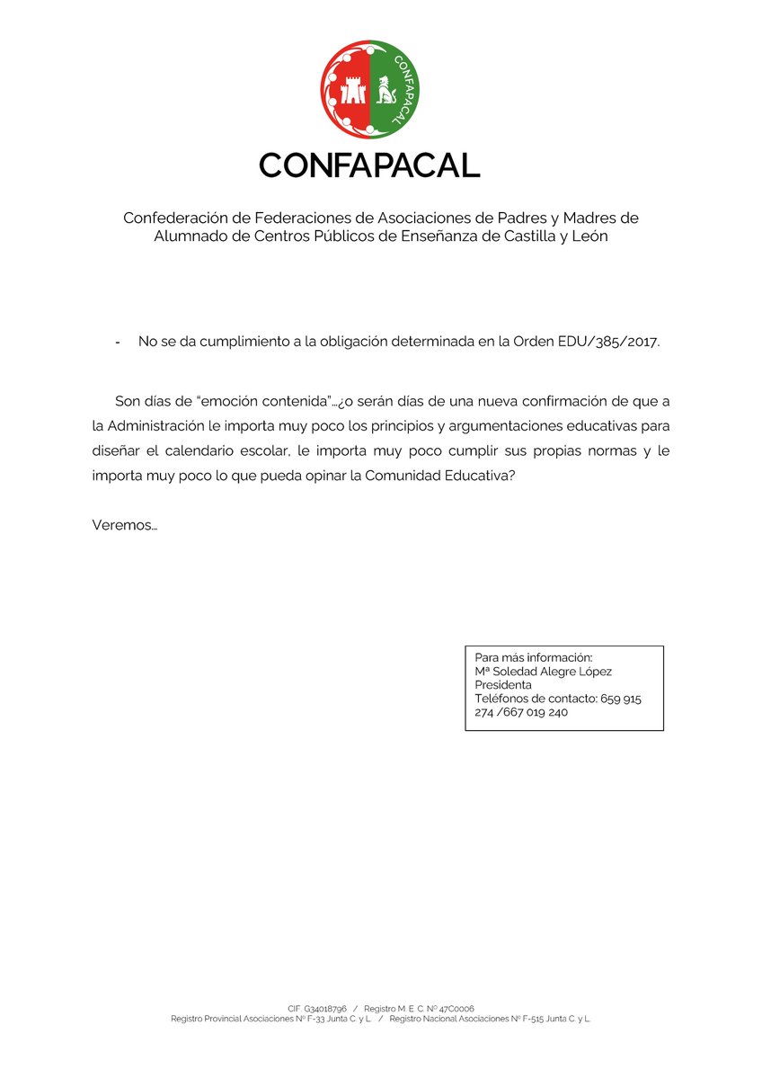 Nota de prensa de <a href="/confapacal/">Confapacal</a> relativo al calendario escolar del p´roximo curso.
Las familias esperamos que se elimine el recorte del horario escolar que, unilateralmente y sin criterios pedagógicos, se implantó en el curso 21/22. 
El procurador ya nos ha dado la razón.