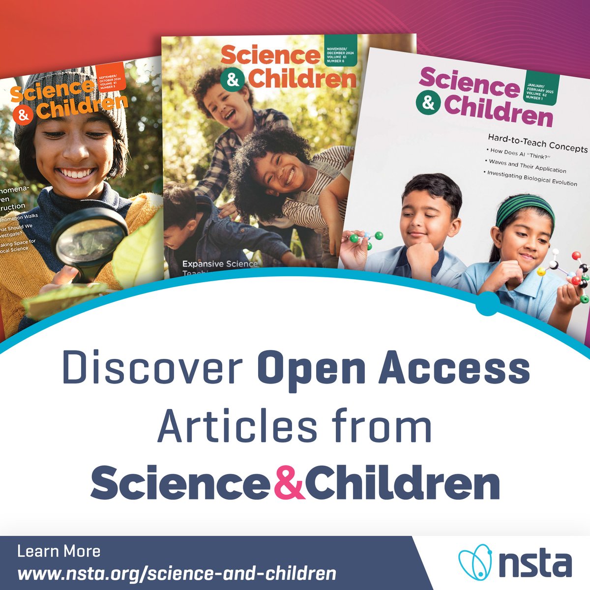 NSTA's tweet image. NSTA is proud to share completely FREE, open-access articles from each of our award-winning journals. Check out some of our offerings from Science and Children, our premier publication for K-5 #scienceeducators here: bit.ly/3EoJzuh #STEM #Science #Education #K5Educator