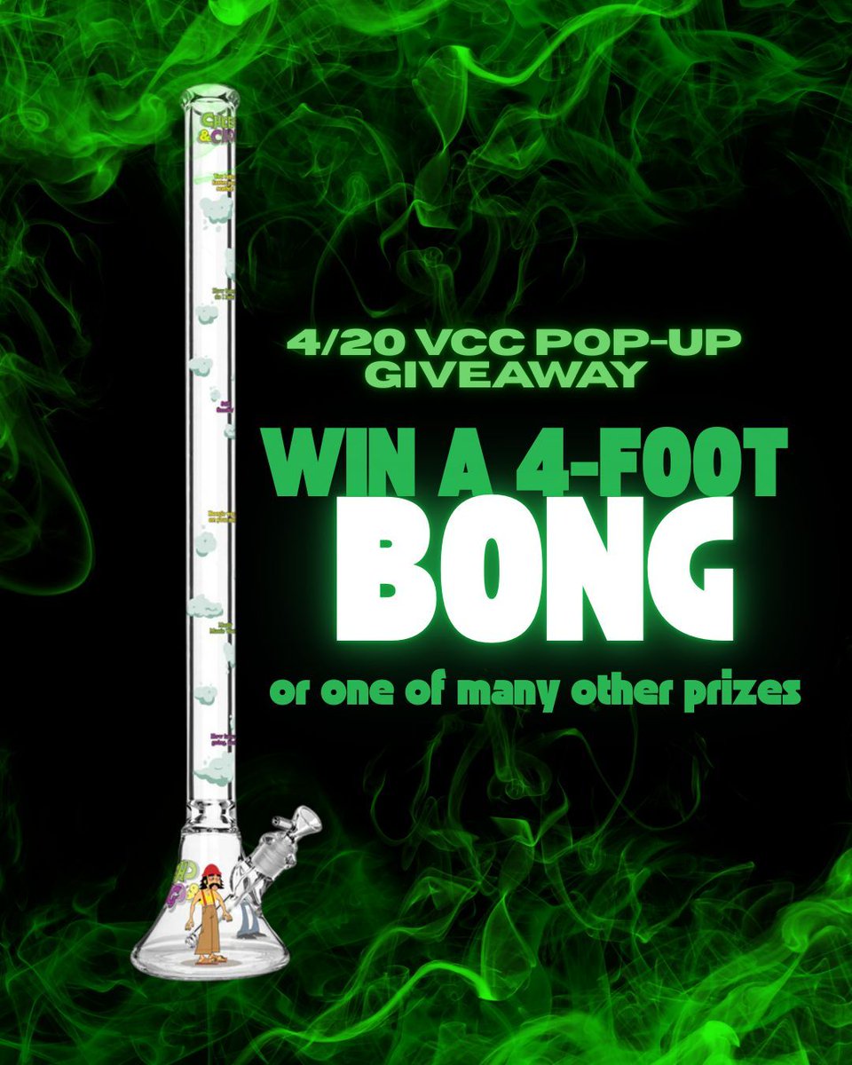 Come to VCC on 4/20 between 3-5pm for a chance to win a 4-foot ✨vase✨, and many other prizes like pipes and apparel. And don't forget to spin our wheel of discounts at the door. See you there!