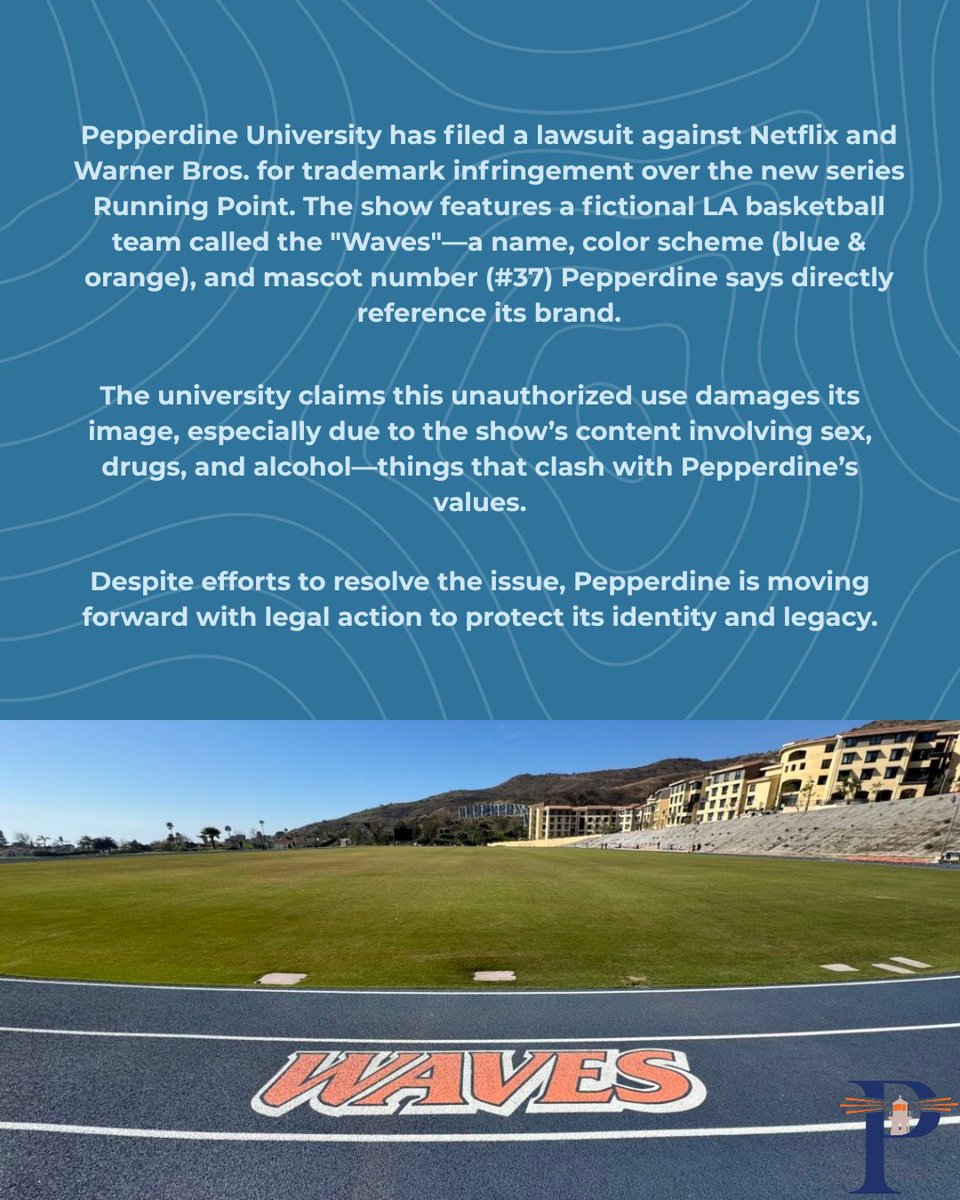PeppBeacon's tweet photo. Pepperdine takes legal action against Netflix and Warner Bros., claiming that the Running Point series misuses its name, colors, and legacy.
Read the full story at the link below!
#Pepperdine #Netflix 
https://t.co/gOfa31k34N https://t.co/T8cwcSEGQQ