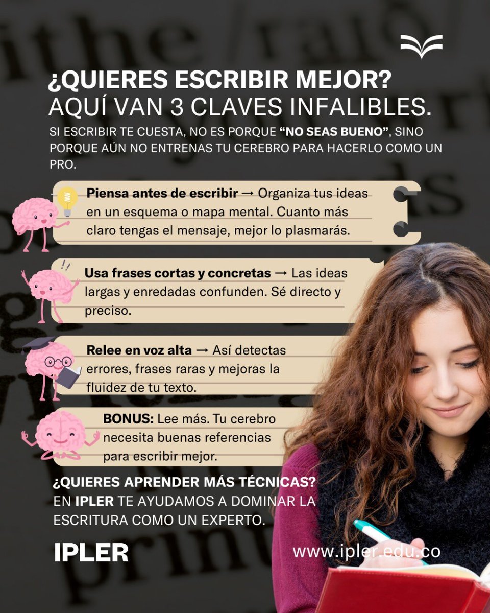 IPLER's tweet photo. ✍️ ¿Te cuesta escribir bien?
No es que “no seas bueno”… ¡es que aún no has entrenado tu cerebro! 
🚀 En IPLER te enseñamos a dominar la escritura como un experto.
¿Estás listo para llevar tu escritura al siguiente nivel?
#EscrituraEficaz #AprenderConIPLER #TipsDeEscritura https://t.co/YGYMEI8y00