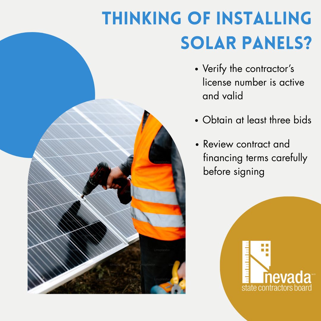 Don’t fall victim to solar scams this summer! If you’re thinking of installing solar panels remember to—

☀️ Verify the contractor’s license number is active and valid

☀️ Obtain at least three bids

☀️ Review contract and financing terms carefully before signing