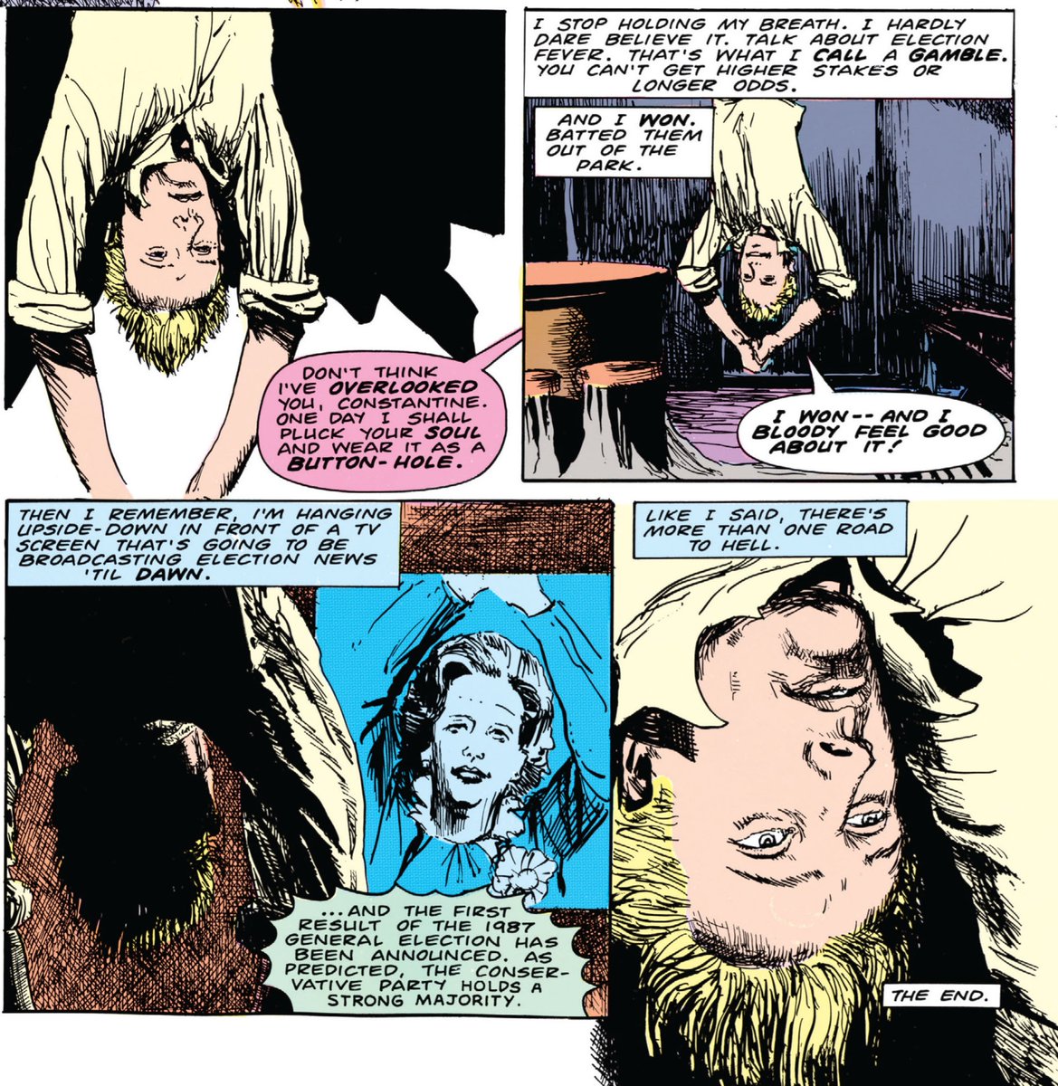 In Hellblazer #3 (1988), John Constantine is ambushed by a group of yuppie demons and forced to watch Margaret Thatcher's reelection (1987), as the demons chant her name.
