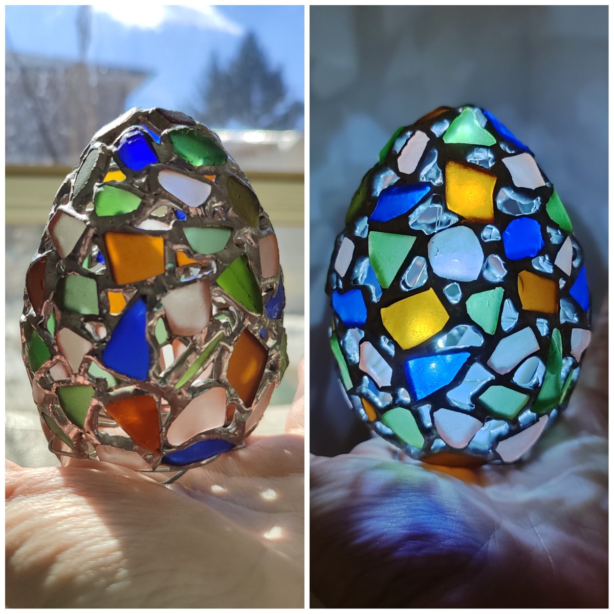 SeaStainedGlass's tweet photo. Sea glass Easter egg light π₯π #stainedglass #glassart #stainedglassart #handmade #seaglassart #art #seaglass #beachglass #beachcombing #tiffanylamp #sculpture #figurine #trashtotreasure #recycledart #trashart #seaglassaddict #recycle #upcycle #easteregg #nightlight #dragonegg https://t.co/zW3mpZ5ZMk
