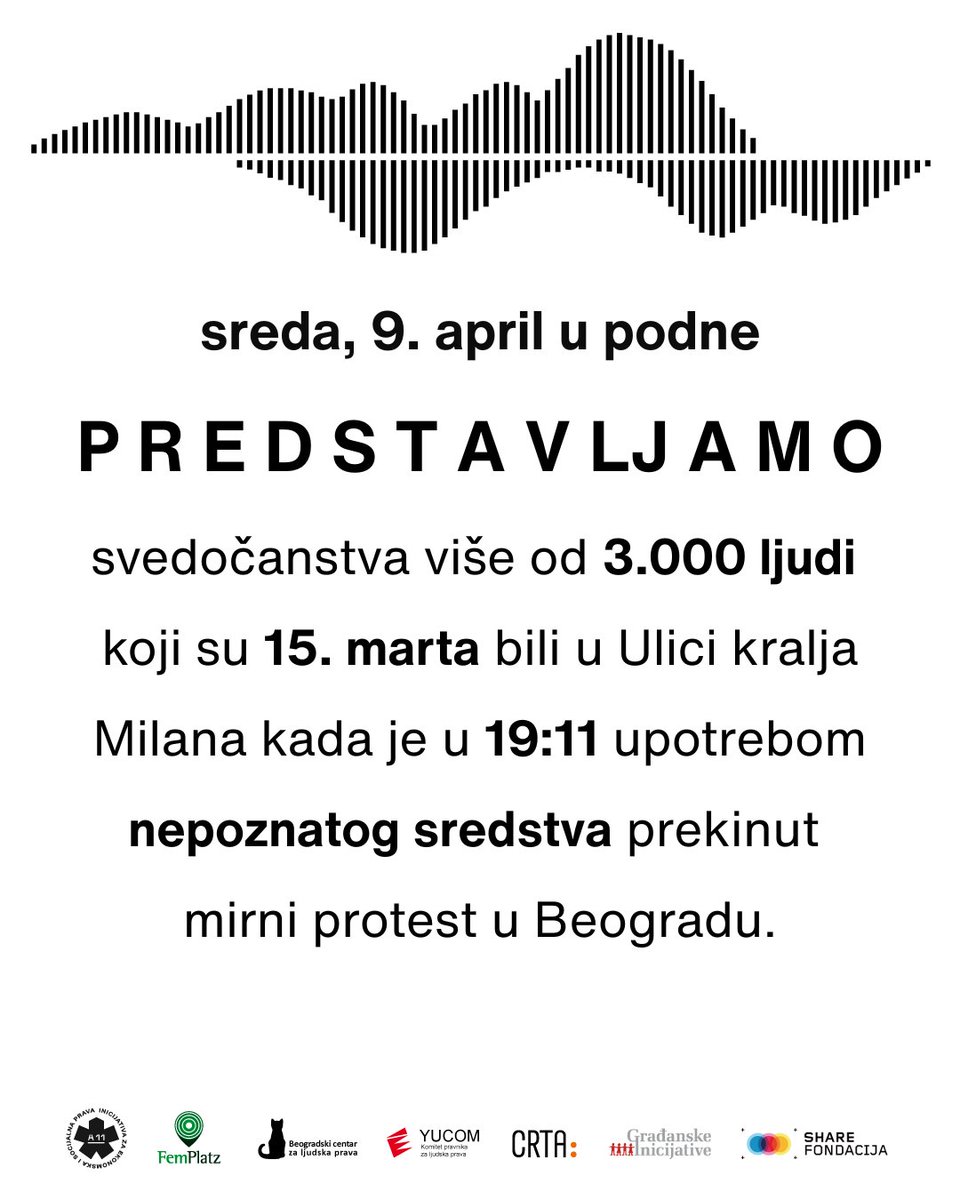 BCHR - Beogradski centar za ljudska prava (@bgcentar) on Twitter photo 9.4. u 12h konferencija za medije o svedočenjima hiljada ljudi o 15.martu zvuk.labs.rs i tome šta su <a href="/CRTArs/">CRTA</a> <a href="/YUCOMoffice/">YUCOM</a> <a href="/gradjanske/">građanskeinicijative</a> <a href="/FemPlatz/">FemPlatz</a> <a href="/A11Inicijativa/">A 11 - Inicijativa za ekonomska i socijalna prava</a> <a href="/ShareConference/">SHARE Foundation</a> <a href="/bgcentar/">BCHR - Beogradski centar za ljudska prava</a> preduzele pred međunarodnim i domaćim institucijama u cilju zaštite ljudskih prava 9.4. u 12h konferencija za medije o svedočenjima hiljada ljudi o 15.martu zvuk.labs.rs i tome šta su <a href="/CRTArs/">CRTA</a> <a href="/YUCOMoffice/">YUCOM</a> <a href="/gradjanske/">građanskeinicijative</a> <a href="/FemPlatz/">FemPlatz</a> <a href="/A11Inicijativa/">A 11 - Inicijativa za ekonomska i socijalna prava</a> <a href="/ShareConference/">SHARE Foundation</a> <a href="/bgcentar/">BCHR - Beogradski centar za ljudska prava</a> preduzele pred međunarodnim i domaćim institucijama u cilju zaštite ljudskih prava