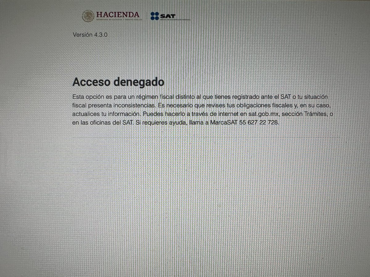 aneltejeda's tweet photo. @SATMX tienen problemas en su página? Tardo en cargar y luego me sale este mensaje cuando trato de generar una factura, el régimen es el correcto y no tengo temas con el SAT, es falla? https://t.co/xArK0Bqx1n