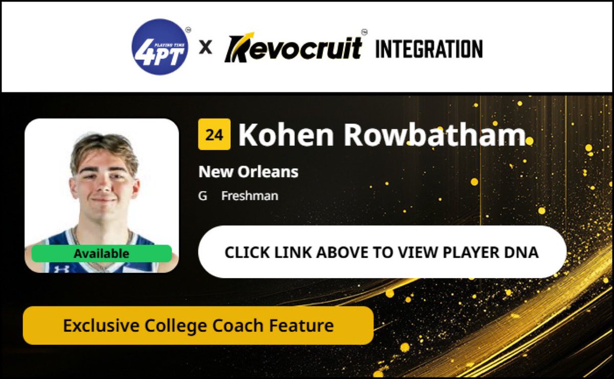 CBB Transfer Portal Spotlight

Kohen Rowbatham
6'0" 200
Guard
New Orleans 

2024-25 Stats (28 Games):
📊 7.1 PPG, 1.2 RPG, 1.3 APG, 39.0 FG%

Coach Exclusive Revocruit Player DNA:
🔗 applink.revocruitathlete.com/player/67257

#TP4PT #TransferPortal