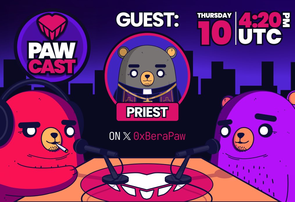 0xBeraPaw's tweet photo. 🐾 We are pleased to announce another episode of PawCast, this time with a very special guest, our founder @jediThyPriest where we will be talking about PoL and BeraPaw's vision for the future!

Don't miss it!

Thursday, 4:20 PM UTC on our X!