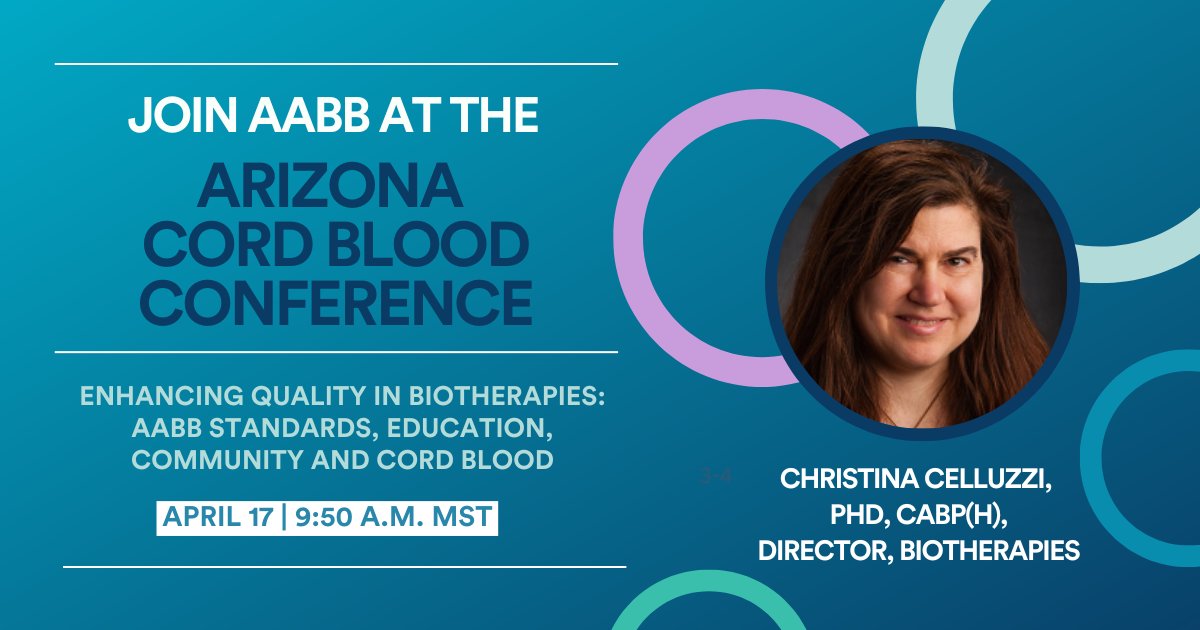 AABB is heading on the road! 

Christina Celluzzi, PhD, CABP(H), is headed to the Arizona Cord Blood Conference on April 17 to discuss how accreditation drives quality, compliance and improvement in CB facilities.

Learn more: bit.ly/4ckwJK5