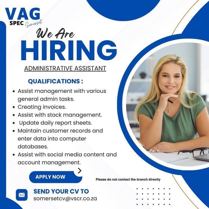CarolBoitumelo1's tweet photo. We are hiring a Administrative Assistant.

Email your CV to somersetcv@vscr.co.z https://t.co/133KzhHuHm