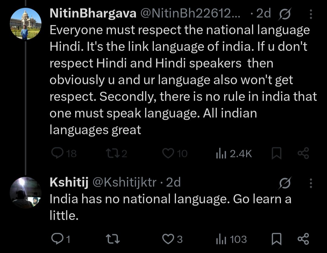 Kshitijktr's tweet photo. @ISHANINAYAK4 @WeDravidians I am literally fighting Hindi Supremacy narrative despite being a Hindi speaker. 
Gosh. Seriously. Like every single person is so neurotic that everyone has to be demonised to brownie points.

This country is doomed. https://t.co/BixZN5pxUs