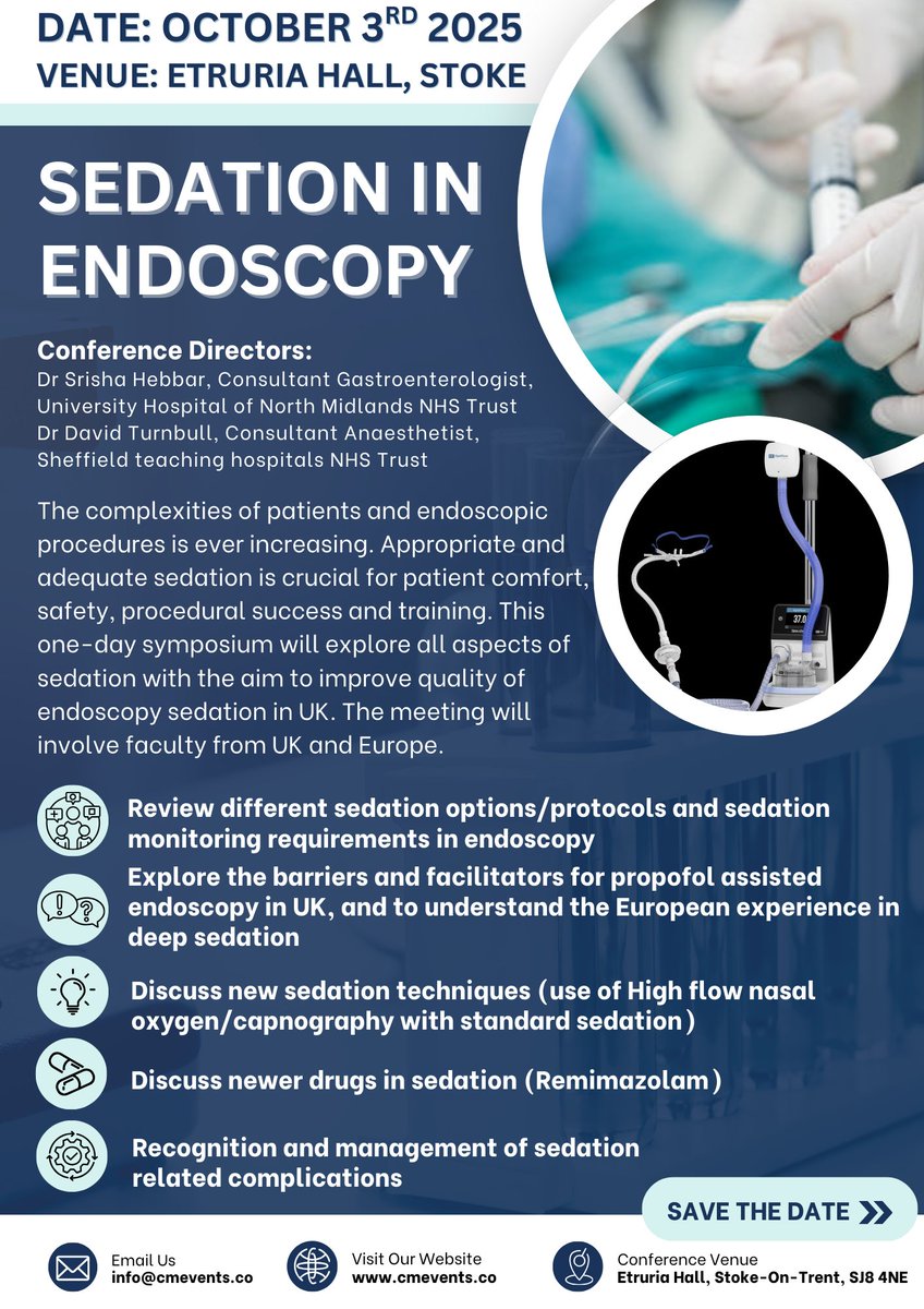 Srisha_Hebbar's tweet photo. Please save the date for this important meeting and join us for a detailed discussion on improving the quality of endo sedation in UK. Will appeal to trainees/nurses/GI cons/anaesthetists/ODP. 
 For reg, 
https://t.co/VejChP3mX3

#GItwitter @BritSocGastro @BSGTrainees @UHNM_NHS https://t.co/RIuV4B6oSs