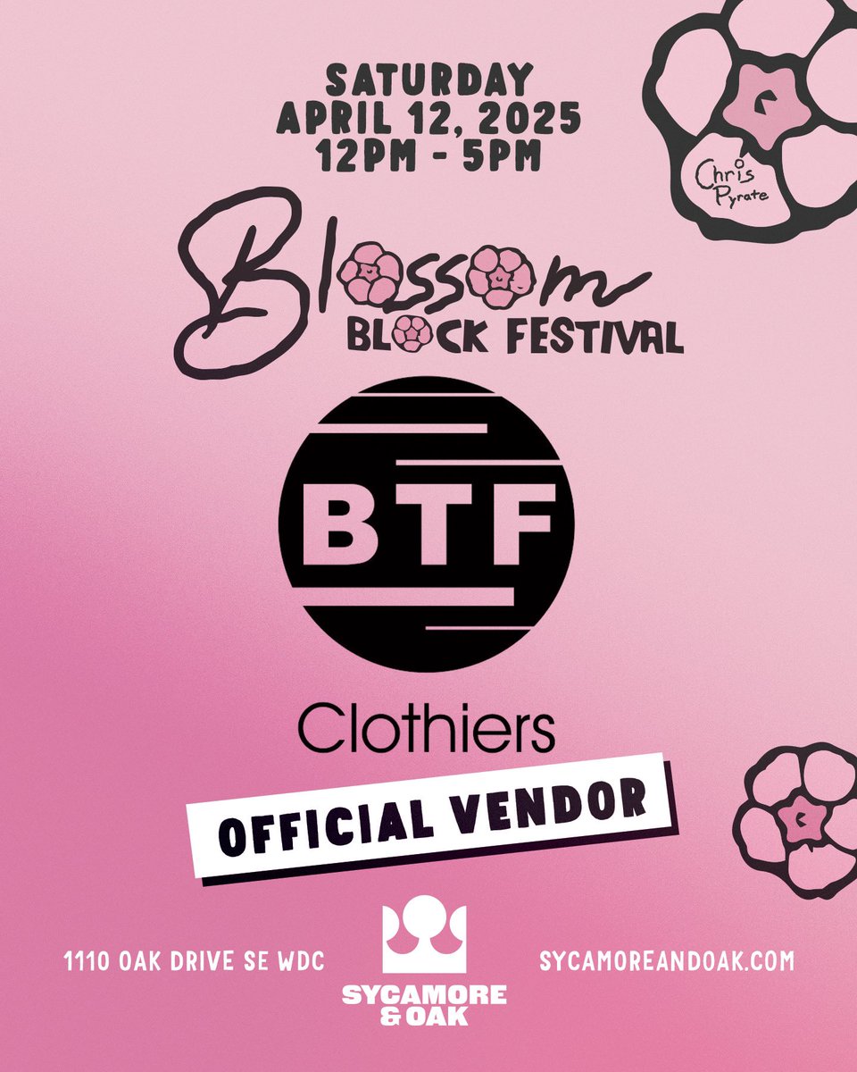 BTFBenevolent's tweet photo. Hey! Behind the Façade Clothiers will be at the Blossom Block Festival this weekend at Sycamore &amp; Oak on April 12th, 2025. Come join us and support our spring sale! We’ll be featuring our new collection, Mind of a Maniac. See you there! @sycamoreoak @btfclothiers https://t.co/AYYhOYCfW1