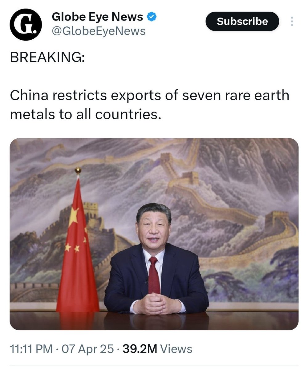 TheMatrixology's tweet photo. "How To Take Over The World?
Through..
"#COMPARTMENTALIZATION"
The #Elite Will Divide #Countries
Causing #Countires To Start #Restricting Things With Each Other" -@22_Savage22
__
BREAKING:
"China restricts exports of seven rare earth metals to all countries"
#TheMatrixology https://t.co/yXPVdSInhc