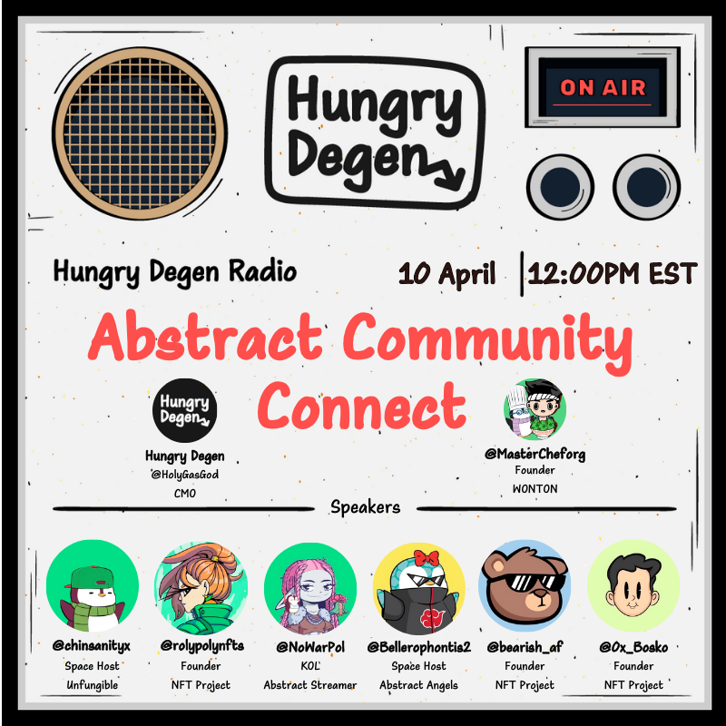 📣 Hungry Degens Community AMA

🗓️ This Thursday
🕛 12PM EST
📍 LIVE on X

We’re linking up with founders, streamers, and giga chads (and chaddettes) to talk web3, NFTs, and what’s cookin’ behind the scenes 👀

Pull up, ask questions, win alpha, stay Hungry 🍽️

🚨 Special Guests