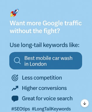 arseoconsultant's tweet photo. 🚀 Want more Google traffic without the fight?
Use long-tail keywords like:
🔍 “Best mobile car wash in London”
🎯 Less competition
📈 Higher conversions
🗣️ Great for voice search
Start targeting smarter! 💡
#SEOtips #LongTailKeywords #MarketingHacks #ContentStrategy https://t.co/dsSFIjJSpF