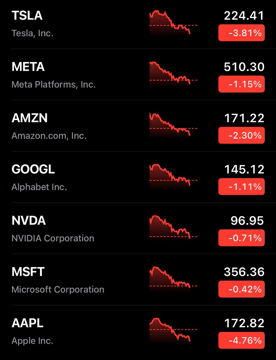 StockMKTNewz's tweet photo. Every Magnificent 7 stock is now RED 🔴 so far today 

🔴🔴🔴🔴🔴🔴🔴 https://t.co/Z4mIbprkIQ